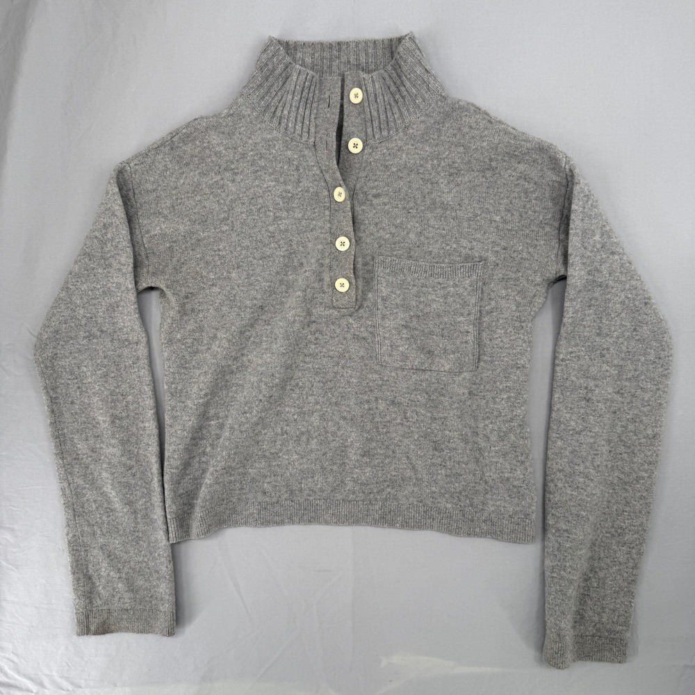 Everlane Gray Cashmere Wool Blend Henley Mock Neck Cropped Sweater Pocket Flawed